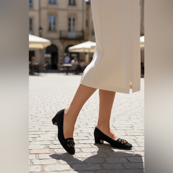 Salvatore Ferragamo Black Suede Pumps with Tortoiseshell Accent Size 9 - Picture 4 of 16